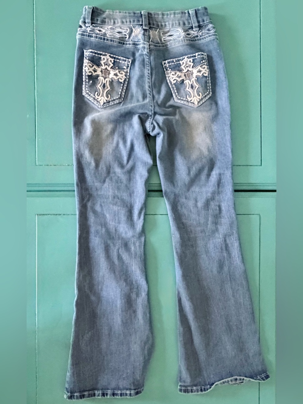 Y2K Cross Embroidered Flare Jeans Low Rise Medium Wash Bell Bottoms 24 Waist